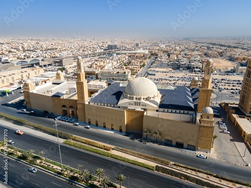 A drone point of view of Al Rajhi Mosque, Riyadh Mero line and Eastern Ring Road in Riyadh