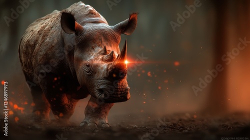 A captivating rhino in motion, emanating raw power in a gritty dystopian landscape, capturing the battle between nature and human intervention in a striking manner. photo