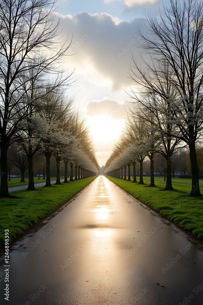 Obraz premium Sunrise over tree-lined pathway with reflective wet road in early spring