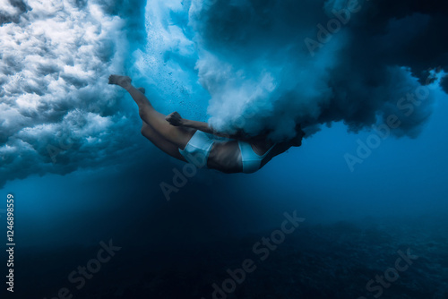 Woman dives without surfboard under powerful ocean wave. Duck dive under crashing wave photo