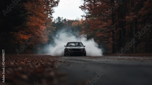 Car drifting on autumn road, smoke, trees