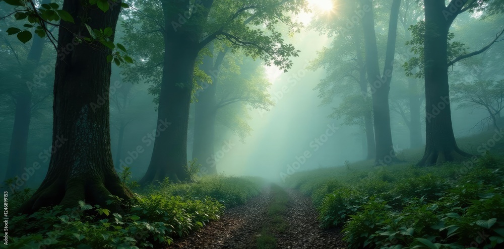 Fototapeta premium Misty woodland with foggy tree trunks and misty undergrowth, undergrowth, forest scenery,