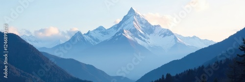 Misty mountain landscape with snow-capped peak, mountain, snow