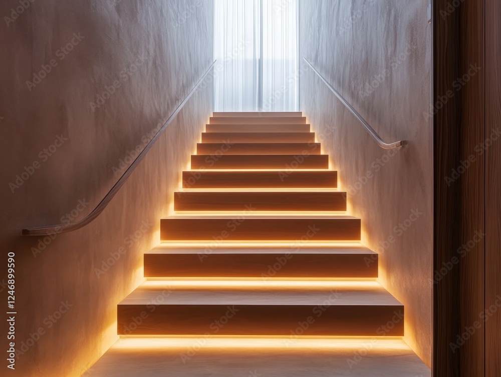 Fototapeta premium A staircase with a railing and a lighted step