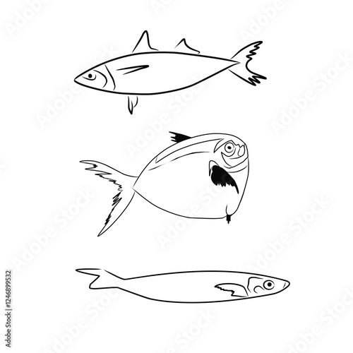 Types and kinds of fish. Various freshwater fish hand-drawn from marine and inland fish. Commercial fish species.