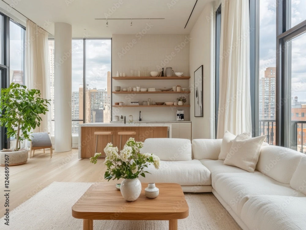 Fototapeta premium A white living room with a couch, coffee table, and a potted plant