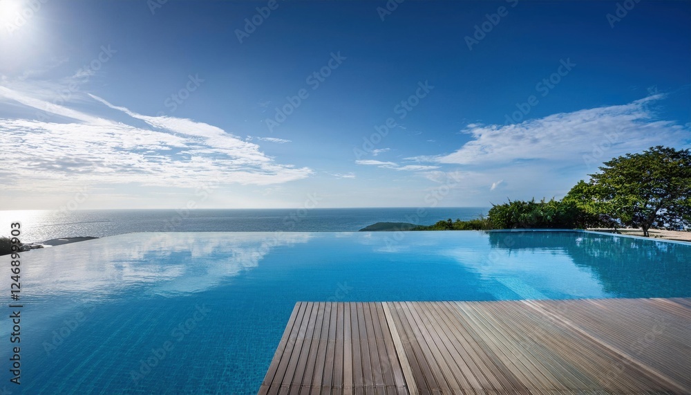Vibrant summer day by the infinity pool overlooking the serene ocean vista Vibrant summer day by the infinity pool overlooking the serene ocean vista