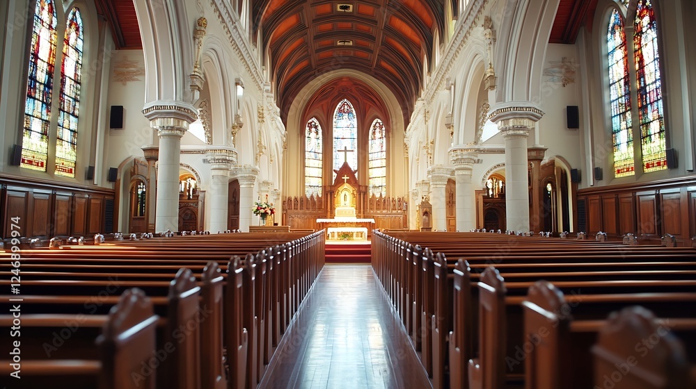 Fototapeta premium Grand Interior of a Majestic Church with Beautiful Stained Glass Windows : Generative AI