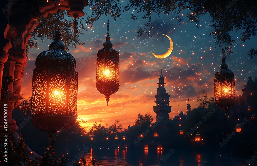 Ramadan Tranquility: Glowing Lanterns and Crescent Moon Over a Sunset-Lit Lake with Distant Towers
Ramadan Tranquility: Glowing Lanterns and Crescent Moon Over a Sunset-Lit Lake with Distant Towers