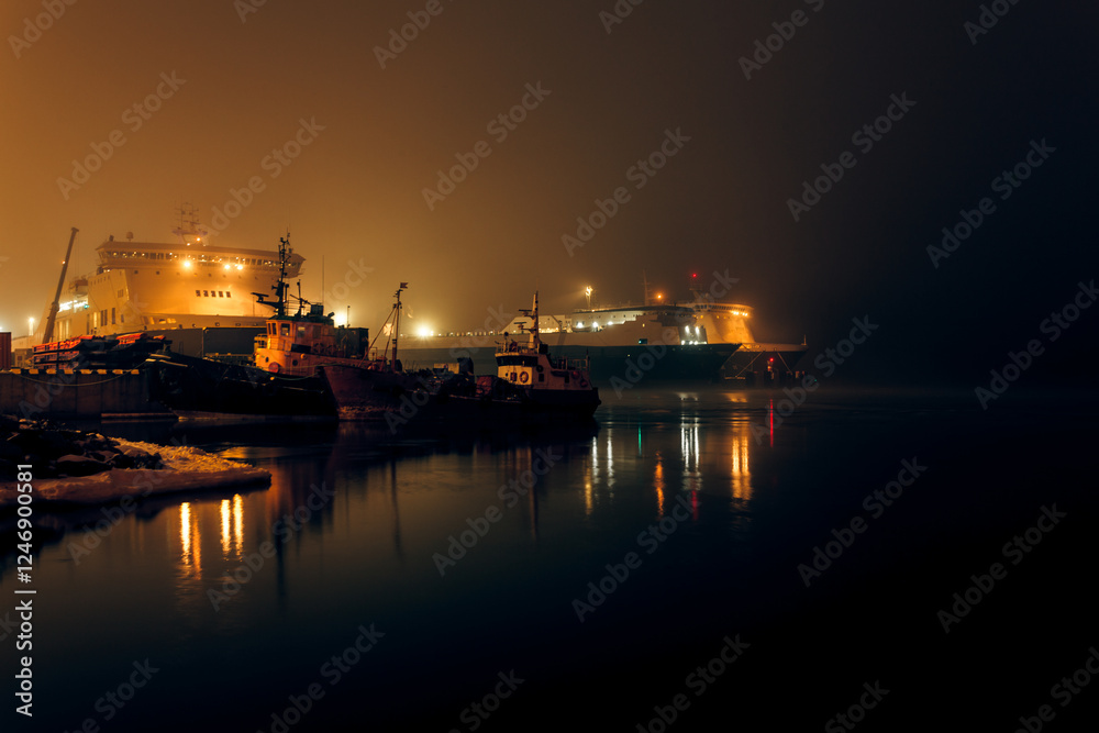 Ships moored at the port of Klaipeda at night, Lithuania Ships moored at the port of Klaipeda at night, Lithuania