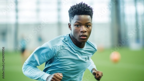 A young athlete training hard to grow their skills, running drills on the field with a determined look of focus and effort