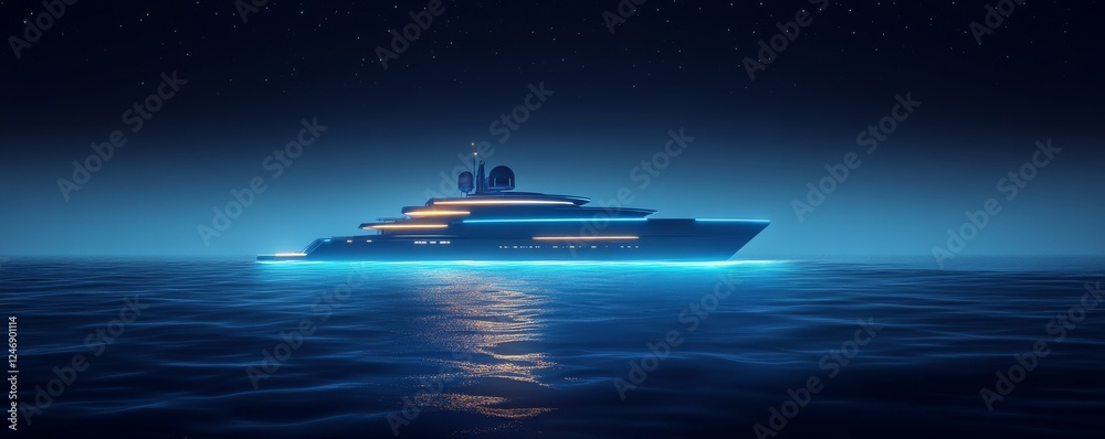 Luxury yacht illuminated at night on calm water. Luxury yacht illuminated at night on calm water.