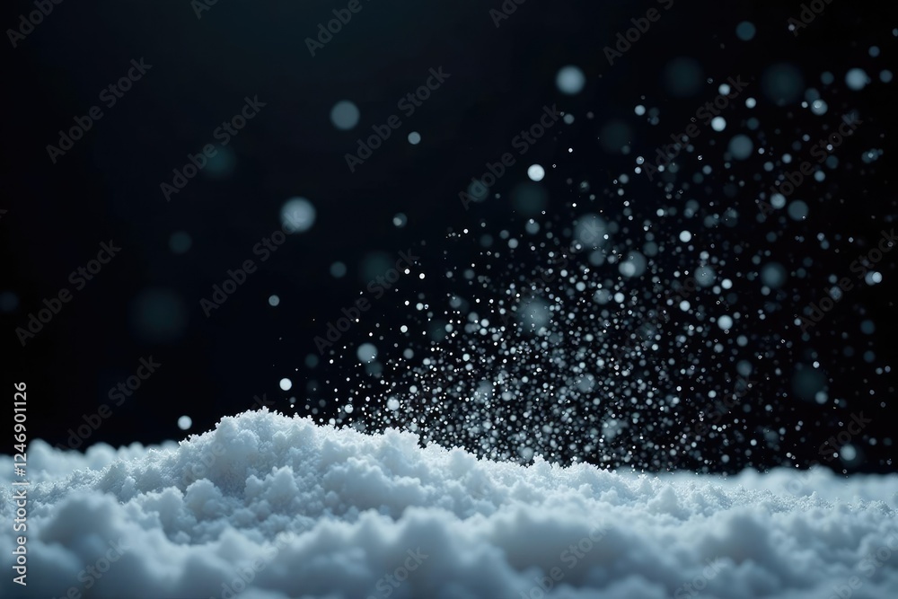 Gentle snowfall with powdery particles in the air on a black background, winter, hazy Gentle snowfall with powdery particles in the air on a black background, winter, hazy