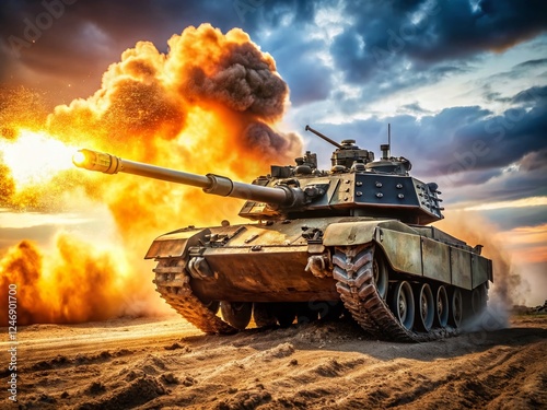 Modern Army Tank Firing Muzzle Flash, Close-up Combat Action Shot