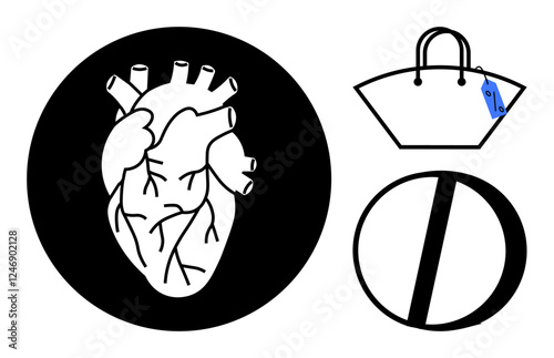 Anatomical human heart in a black circle, shopping bag with a blue price tag, and a pill icon. Ideal for health, medicine, shopping, commerce, pharmaceutical, consumerism biological study abstract