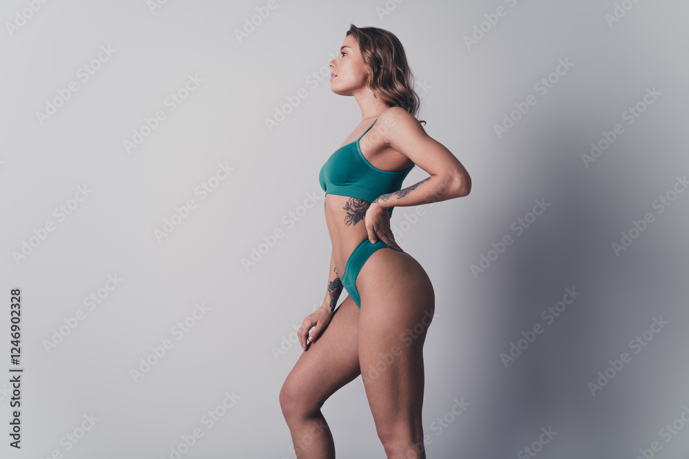 Obraz premium Studio no retouch photo of seductive adorable lady dressed lingerie loving herself copy space isolated white color background