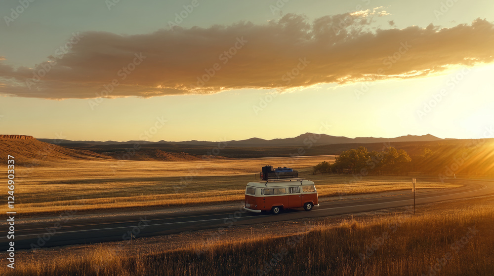 Classic van driving down an open highway at sunset with vast fields and mountains in the background Classic van driving down an open highway at sunset with vast fields and mountains in the background