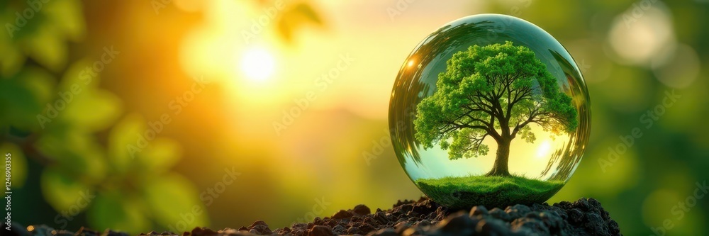 Glass globe with lush green tree in sunset background, sun, leaves, green Glass globe with lush green tree in sunset background, sun, leaves, green