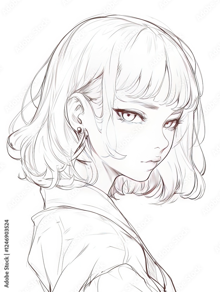 Young woman with short hair, serious expression, sketch style portrait Young woman with short hair, serious expression, sketch style portrait