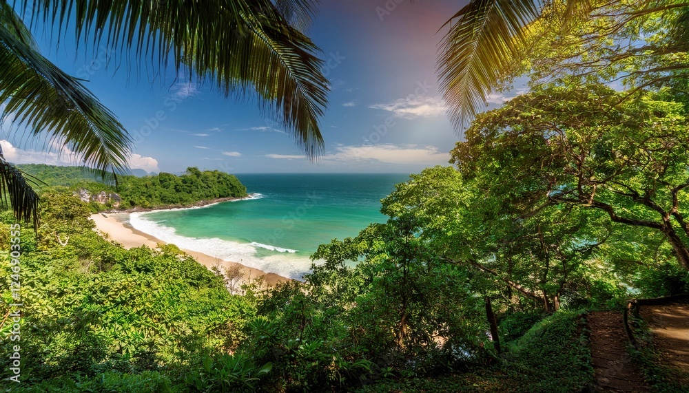 Vibrant summer day at a tranquil tropical beach surrounded by lush greenery Vibrant summer day at a tranquil tropical beach surrounded by lush greenery