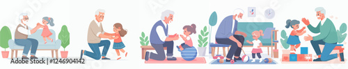 vector set of grandfather playing with his grandson