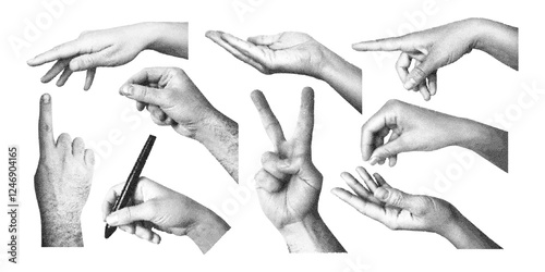 Photocopy gesture hands. Retro collage halftone arms. Trendy grunge cutout hand different gestures signs. Dotted stipples effect hand holding pen, showing. Vector set