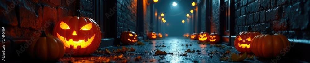 Naklejka premium Dark hallway with cobwebs and jack-o'-lanterns, festive season, Halloween decorations