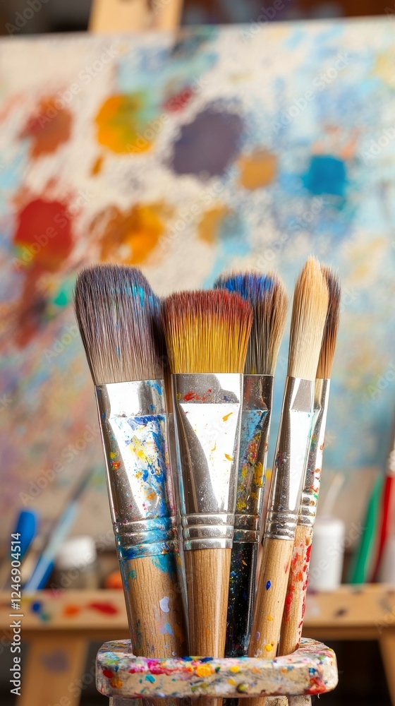 Fototapeta premium professional paintbrushes standing in a cup in an artist’s creative workspace