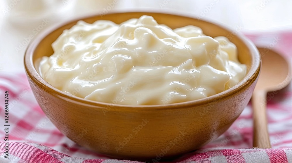 Close-up of thick Greek yogurt in a simple dish, displayed on a white background for minimalist food styling Close-up of thick Greek yogurt in a simple dish, displayed on a white background for minimalist food styling