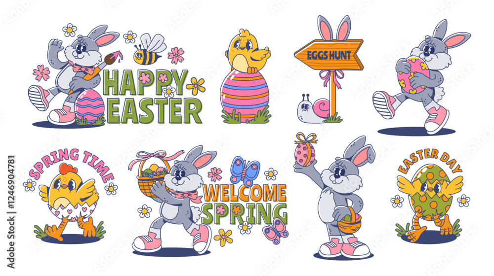 Naklejka premium Happy Easter. Cute rabbits, chickens and eggs. Retro groovy Easter elements. Funny bunnies, spring flowers, colorful holiday egg, festive decoration, kids chick. Vector set