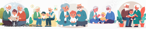 vector set of grandparents with grandchildren