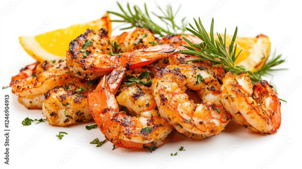 Close-up view of grilled seafood, isolated on a white background, with focus on the texture and charred surface Close-up view of grilled seafood, isolated on a white background, with focus on the texture and charred surface