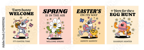 Easter poster. Retro bunny, eggs characters. Groovy 70s cartoon Easter holiday mascot rabbit, egg, flowers, chick walking. Spring banners for social media. Vector set