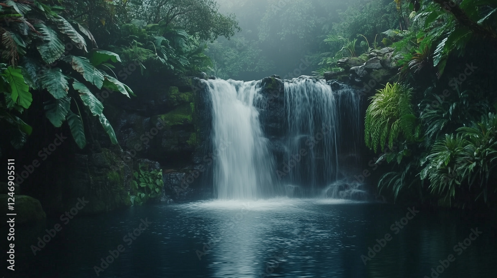 Tropical Waterfall Cascading into a Serene Lagoon Surrounded by Lush Greenery Tropical Waterfall Cascading into a Serene Lagoon Surrounded by Lush Greenery