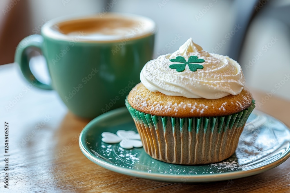 St. patrick's day cupcake with coffee on wooden table St. patrick's day cupcake with coffee on wooden table