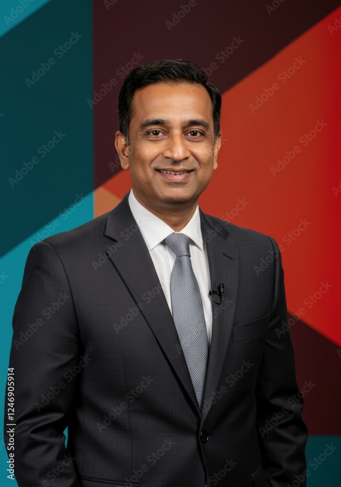 A man with a confident posture stands in front of a vibrant backdrop, dressed in formal clothing. A man with a confident posture stands in front of a vibrant backdrop, dressed in formal clothing.