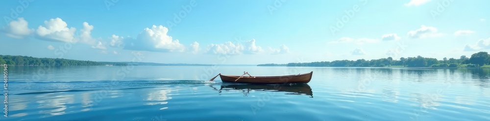 Fototapeta premium A wooden rowboat glides across the lake under a clear blue sky, sailing, sky, peaceful