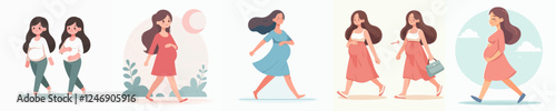 pregnant woman vector set walking