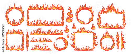 Fire borders. Cartoon flame frame. Hot flaming circle, blazing ignite edges square, fire trail, heat burning rectangle. Wildfire flammable border frames. Vector elements