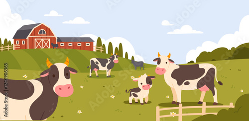 Cow milk farm. Rural landscape with cows. Cartoon country scene domestic with animals on meadow. Dairy farm. Farmed background with ranch barn and field. Vector concept