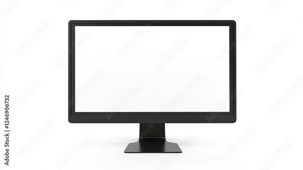 Desktop computer with a white screen, set against a clean white background, perfect for presentations or mockups Desktop computer with a white screen, set against a clean white background, perfect for presentations or mockups