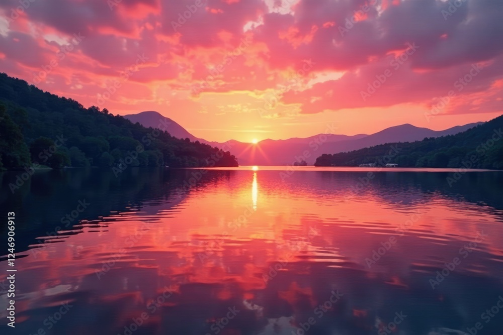 A tranquil lake scene at sunset with the sky turning shades of pink and orange, calm, sky A tranquil lake scene at sunset with the sky turning shades of pink and orange, calm, sky