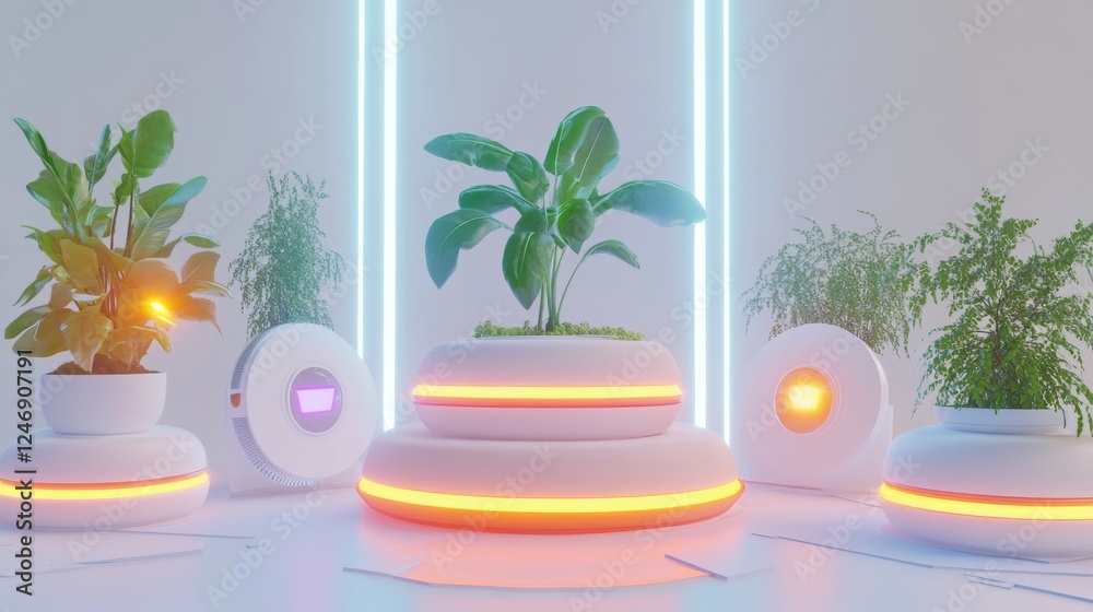 Obraz premium Modern indoor plants with glowing led lights.