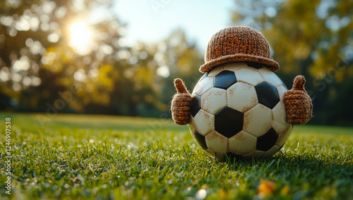 Soccer ball dressed in a cozy knit hat. A soccer ball with a knit hat sits on green grass, giving a playful vibe in the bright afternoon sunshine. photo