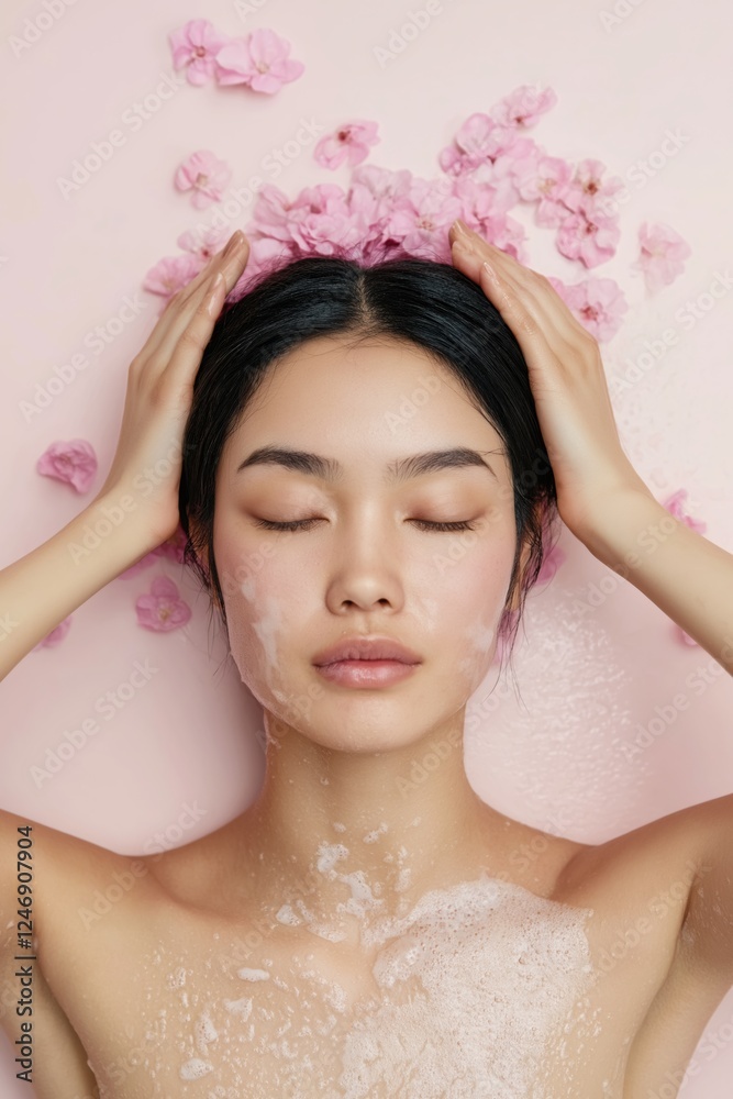 Naklejka premium A woman is washing her face with a facial cleanser. She is wearing a pink flower headband