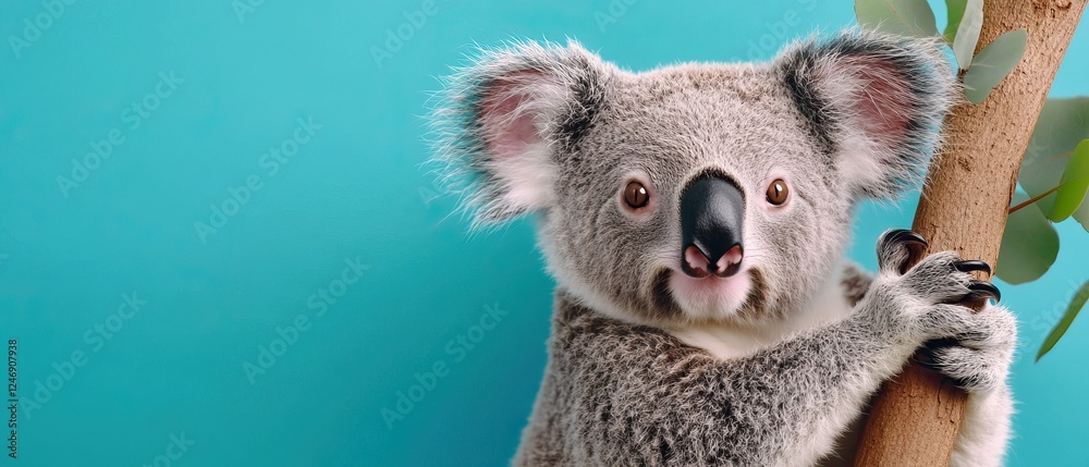 Fototapeta premium A cute koala clings to a tree, showcasing its fluffy fur and endearing face against a bright blue background.