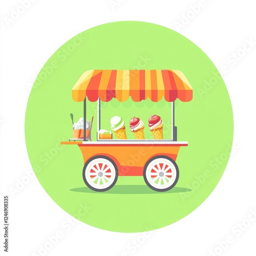 Colorful ice cream cart, sunny day, street food, illustration for kids photo