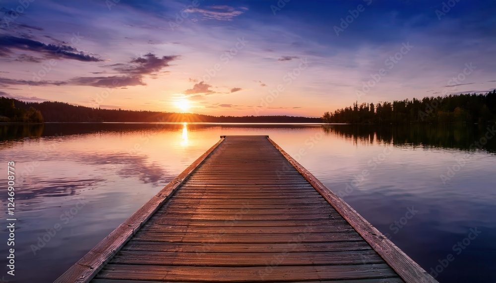 Fototapeta premium Sunset reflections on a tranquil lake dock during the vibrant summer evening