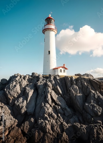 A lofty beacon stands gladly on a tough, rough shoreline, its tall, barrel shaped structure painted in dazzling white with red accents that contrast strongly against the dull, barbed bluffs. photo