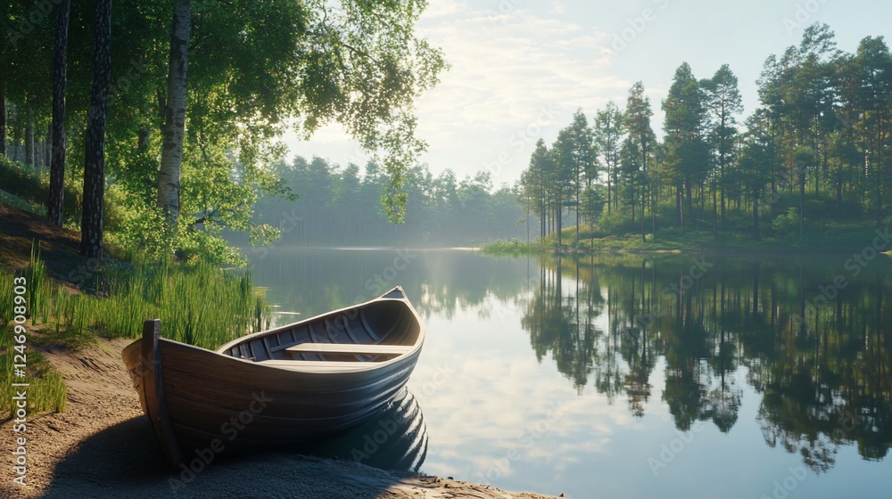 Obraz premium Tranquil lake morning boat shore forest reflection serenity